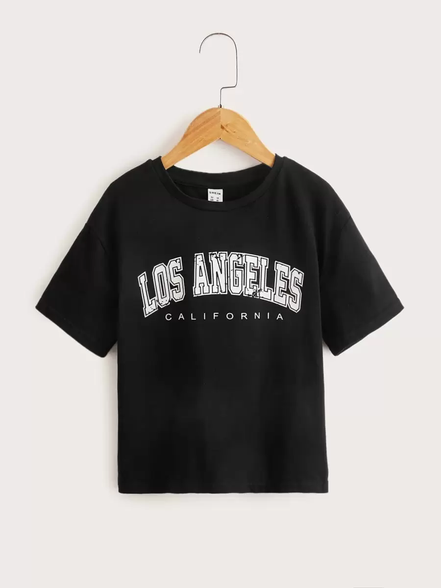 SHEIN Tween Girl Short Sleeve Round Neck Knit T-Shirt With Letter Print - Black - View 1