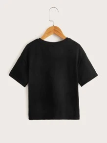 SHEIN Tween Girl Short Sleeve Round Neck Knit T-Shirt With Letter Print - Black - View 2