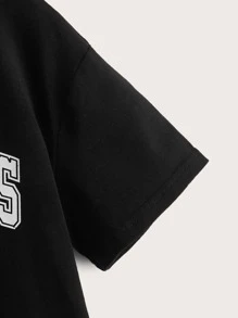 SHEIN Tween Girl Short Sleeve Round Neck Knit T-Shirt With Letter Print - Black - View 3