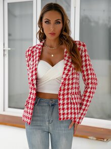 Blazer con estampado de pata de gallo con diseño con bolsillo - Rojo y blanco - Ver 1