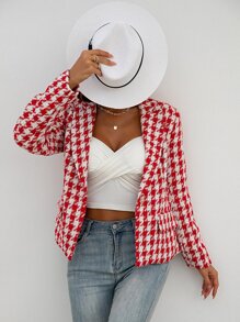Blazer con estampado de pata de gallo con diseño con bolsillo - Rojo y blanco - Ver 4