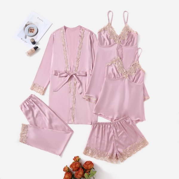 

5pc Lace Trim Belted Satin Night Set, Baby pink