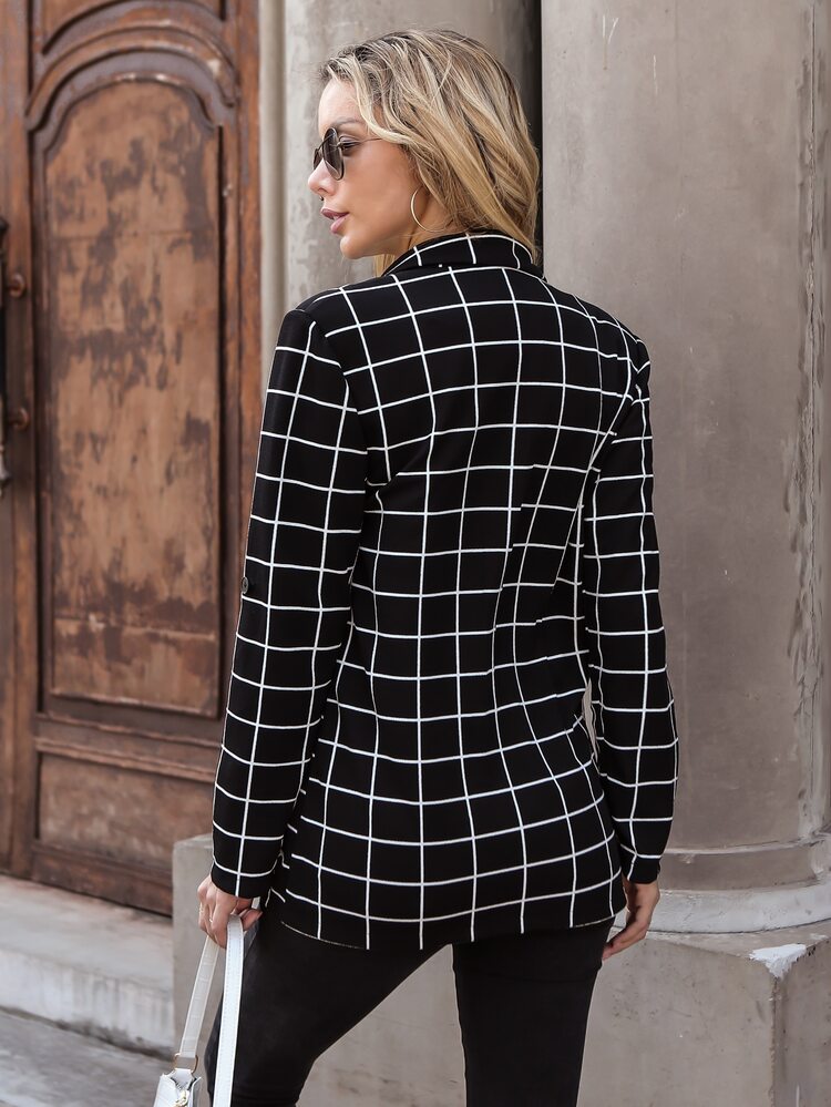 Grid Print Roll Tab Sleeve Pocket Front Single Breasted Blazer - Black - View 2