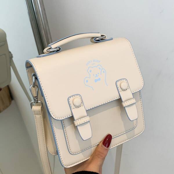 

Cartoon Bear Graphic Flap Satchel Bag, White