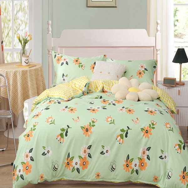 

Flower Print Duvet Cover Set Without Filler, Green