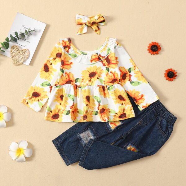 

Baby Sunflower Print Ruffle Trim Peplum Top & Ripped Jeans, Multicolor