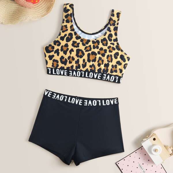 

Girls Leopard Letter Tape Shorts Bikini Swimsuit, Black