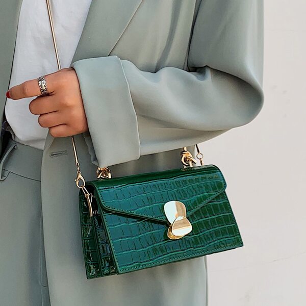 

Croc Embossed Flap Satchel Bag, Green
