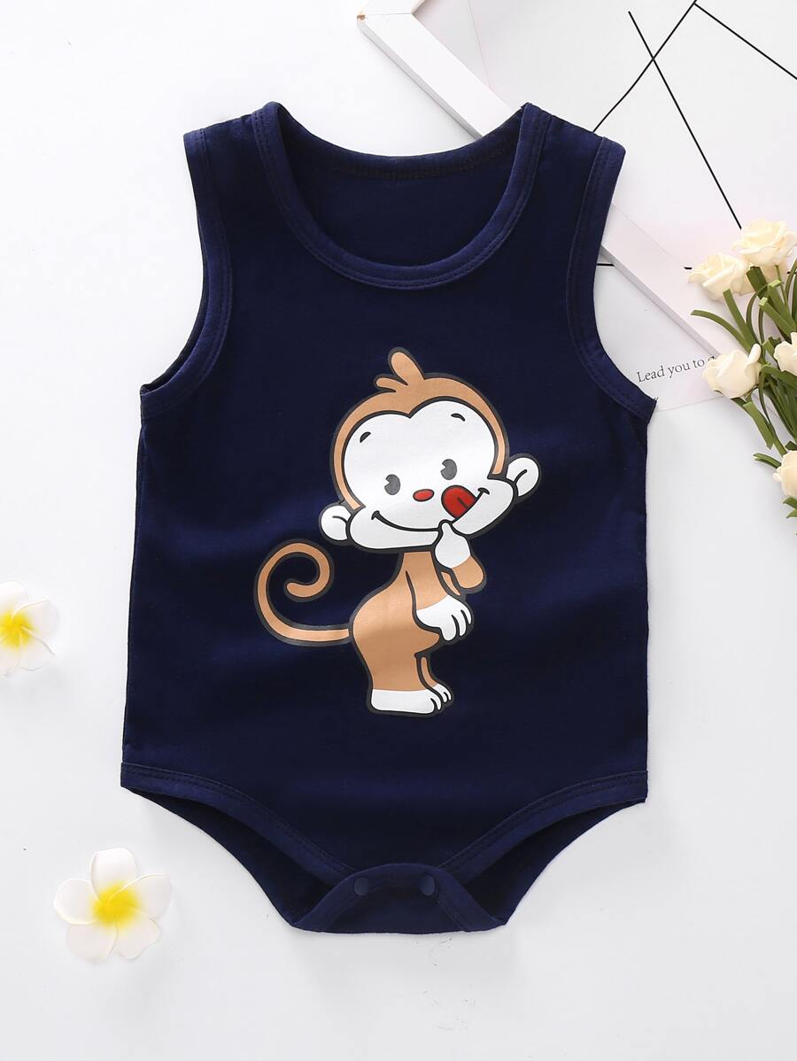 男嬰卡通猴子圖案背心連體衣 - 藏蓝色 - 查看 1