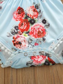 女婴印花緹花蕾絲邊連體衣和髮帶 - 淺藍色 - 查看 4