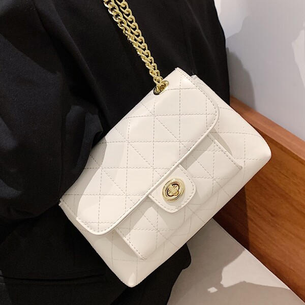

Quilted Turn-lock Chain Shoulder Bag, White