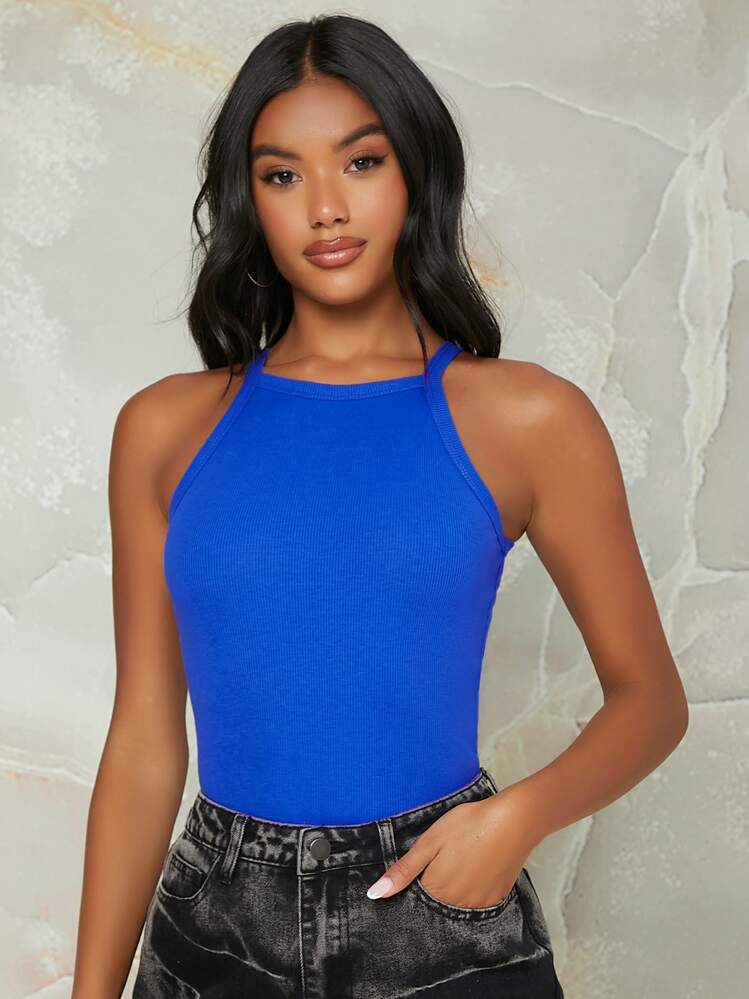 SHEIN EZwear Ribbed Form-Fitting Halter Top - Blue - View 1