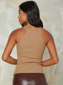 SHEIN EZwear Ribbed Neon Pink Form-Fitting Halter Top - Khaki - View 2