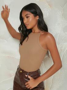 SHEIN EZwear Ribbed Neon Pink Form-Fitting Halter Top - Khaki - View 3