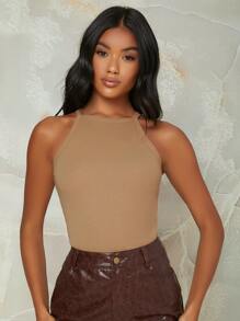 SHEIN EZwear Ribbed Neon Pink Form-Fitting Halter Top - Khaki - View 5