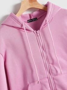 SHEIN Unity 拉鏈開襟落肩袖抽繩保暖連帽衫 - 粉色 - 查看 5