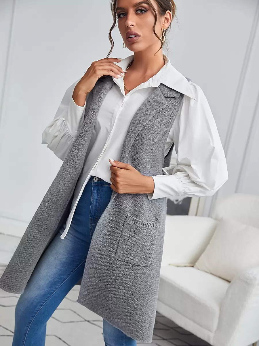 SHEIN Clasi Split Hem Pocket Side Vest Cardigan - Grey - View 1