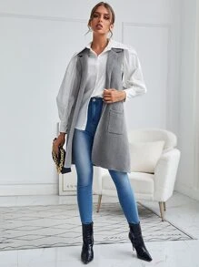 SHEIN Clasi Split Hem Pocket Side Vest Cardigan - Grey - View 3