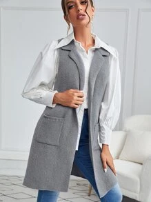 SHEIN Clasi Split Hem Pocket Side Vest Cardigan - Grey - View 4