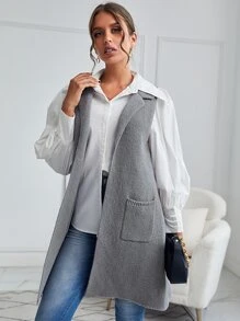 SHEIN Clasi Split Hem Pocket Side Vest Cardigan - Grey - View 5
