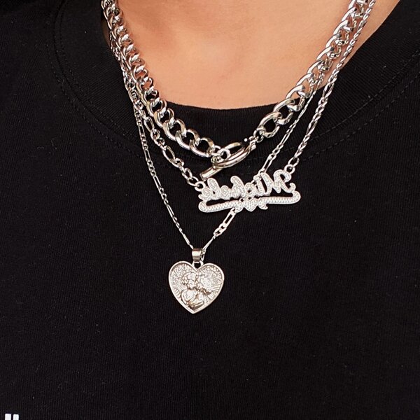 

3pcs Heart Charm Necklace, Silver