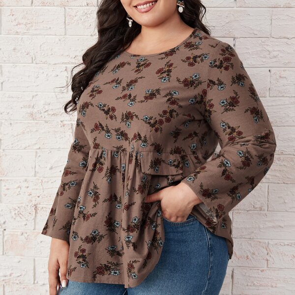 

Plus Allover Floral Ruffle Hem Blouse, Mocha brown