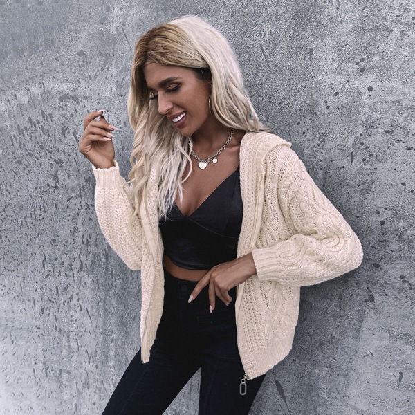 

Cable Knit Drop Shoulder Hooded Cardigan, Beige