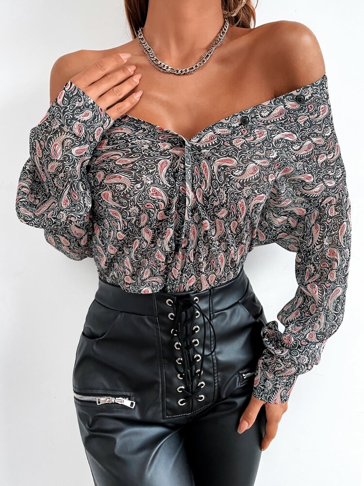Paisley Print Button Up Longline Blouse Fall Cloth For Women