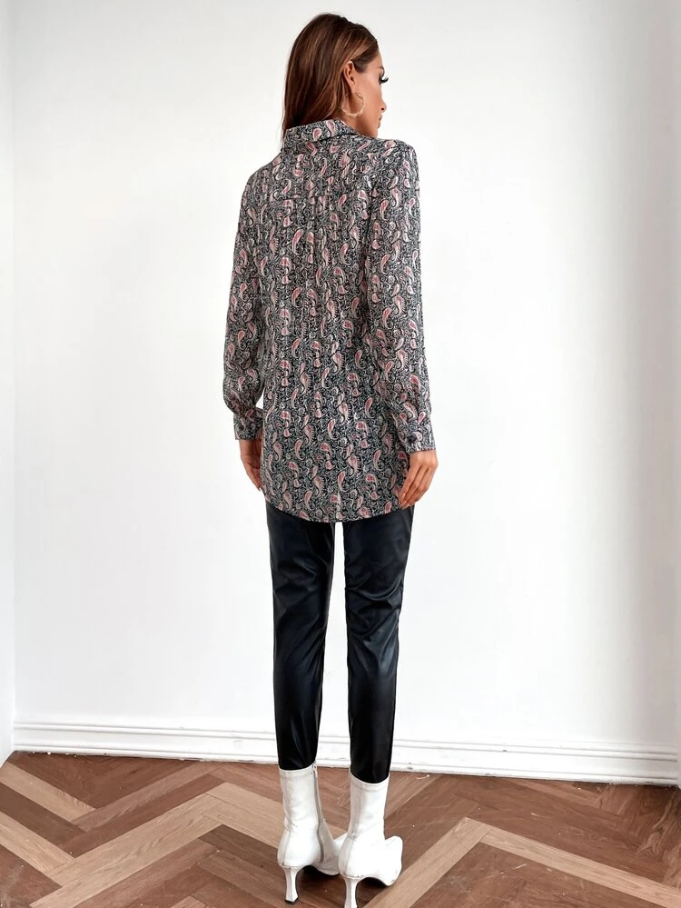Paisley Print Button Up Longline Blouse Fall Cloth For Women