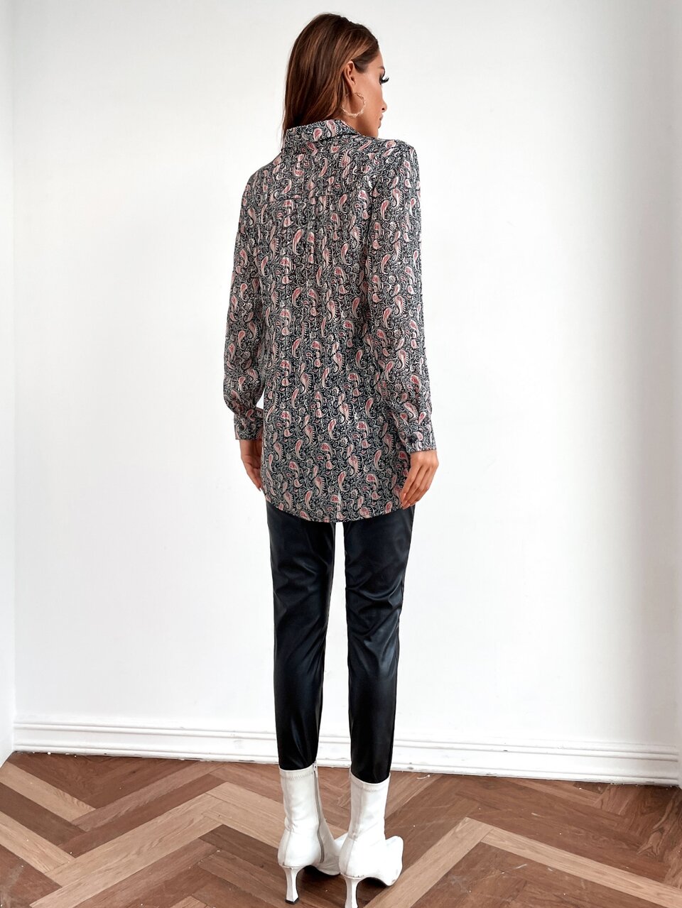 Paisley Print Button Up Longline Blouse Fall Cloth For Women