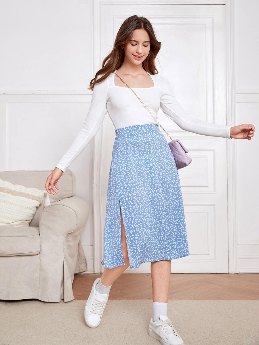 SHEIN 青少年女孩方領上衣和高腰小碎花高衩半身裙