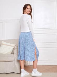 SHEIN 青少年女孩方領上衣和高腰小碎花高衩半身裙