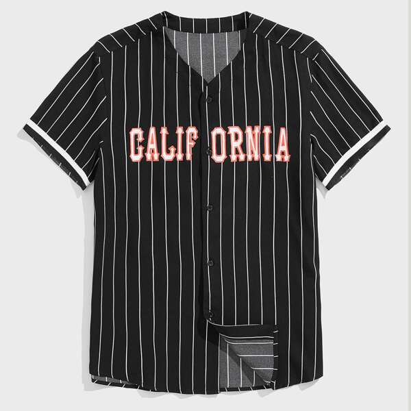 

Men Letter Graphic Striped Shirt, Black