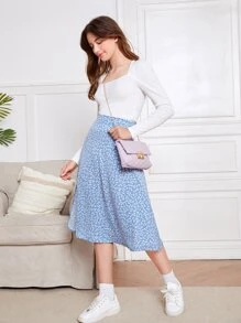 SHEIN 青少年女孩方領上衣和高腰小碎花高衩半身裙