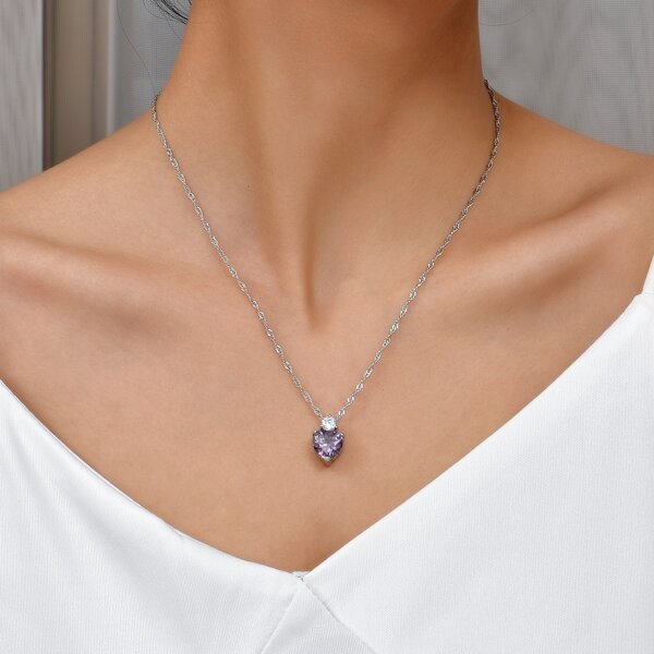 

Zircon Heart Charm Necklace, Purple