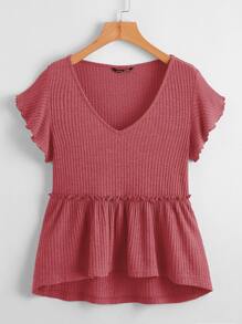 SHEIN LUNE Áo thun Plus size viền lá sen Cao thấp Viên lá sen màu trơn Giải trí - Màu Hoa hồng đỏ - Xem 1