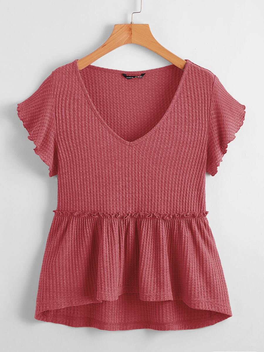 SHEIN LUNE Áo thun Plus size viền lá sen Cao thấp Viên lá sen màu trơn Giải trí - Màu Hoa hồng đỏ - Xem 1