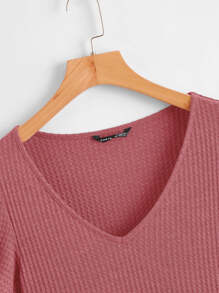 SHEIN LUNE Áo thun Plus size viền lá sen Cao thấp Viên lá sen màu trơn Giải trí - Màu Hoa hồng đỏ - Xem 3