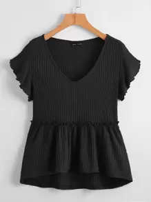 SHEIN LUNE Top peplum de manga mariposa tejido waffle - Negro - Ver 1