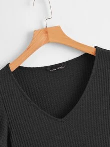 SHEIN LUNE Top peplum de manga mariposa tejido waffle - Negro - Ver 4