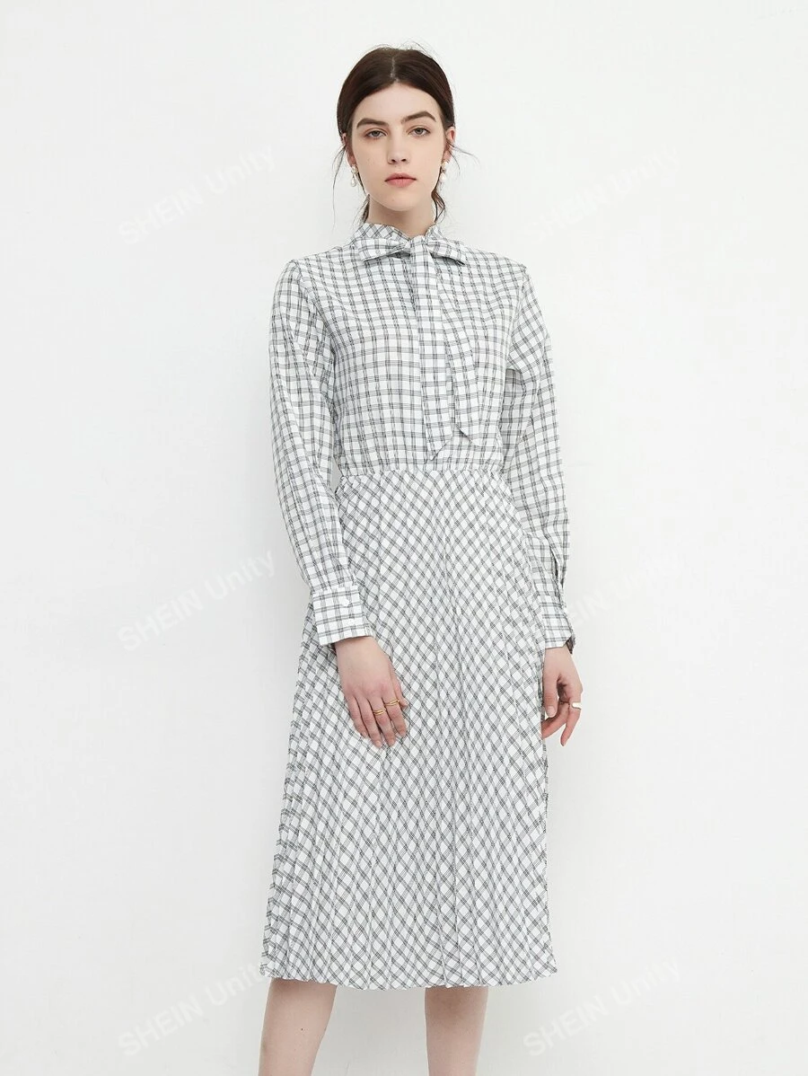 Mock Neck Tie Back Plaid Dress