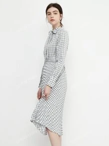 Mock Neck Tie Back Plaid Dress
