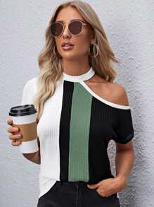 SHEIN Clasi Asymmetrical Shoulder Rib-knit Colourblock Tee - Multicolor - View 1