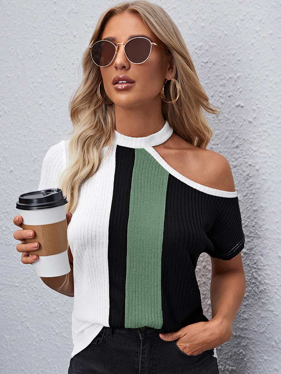 SHEIN Clasi Asymmetrical Shoulder Rib-knit Colourblock Tee - Multicolor - View 1