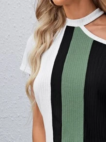 SHEIN Clasi Asymmetrical Shoulder Rib-knit Colourblock Tee - Multicolor - View 4