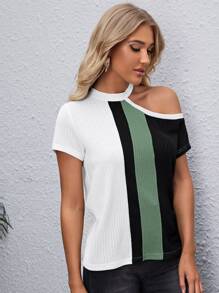 SHEIN Clasi Asymmetrical Shoulder Rib-knit Colourblock Tee - Multicolor - View 5