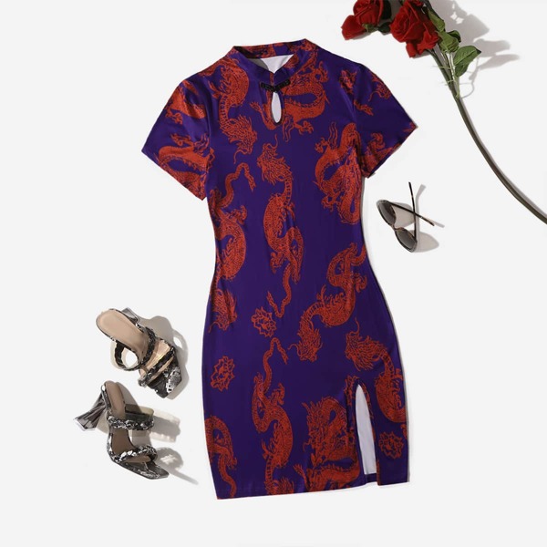 

Plus Chinese Dragon Bodycon Dress, Purple