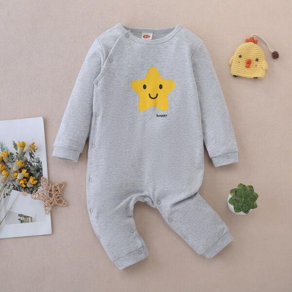 

Baby Letter & Star Print Button Detail Jumpsuit, Grey