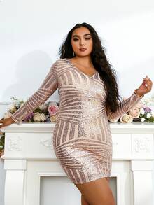 seomiscky 大碼後拉鏈亮片緊身連衣裙 - 香檳色 - 查看 3