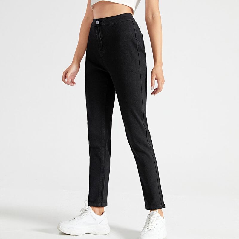 

Solid Ripped Single Button Jeans, Black